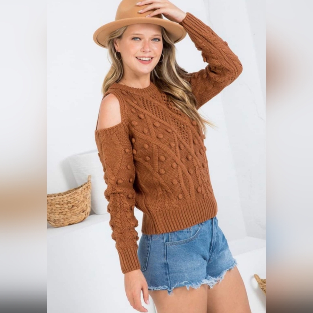 PomPom Cold Shoulder Sweater